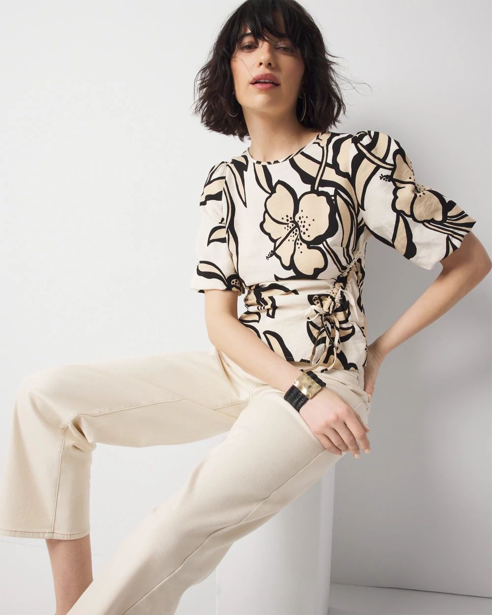 Puff-Sleeve Drawstring Blouse