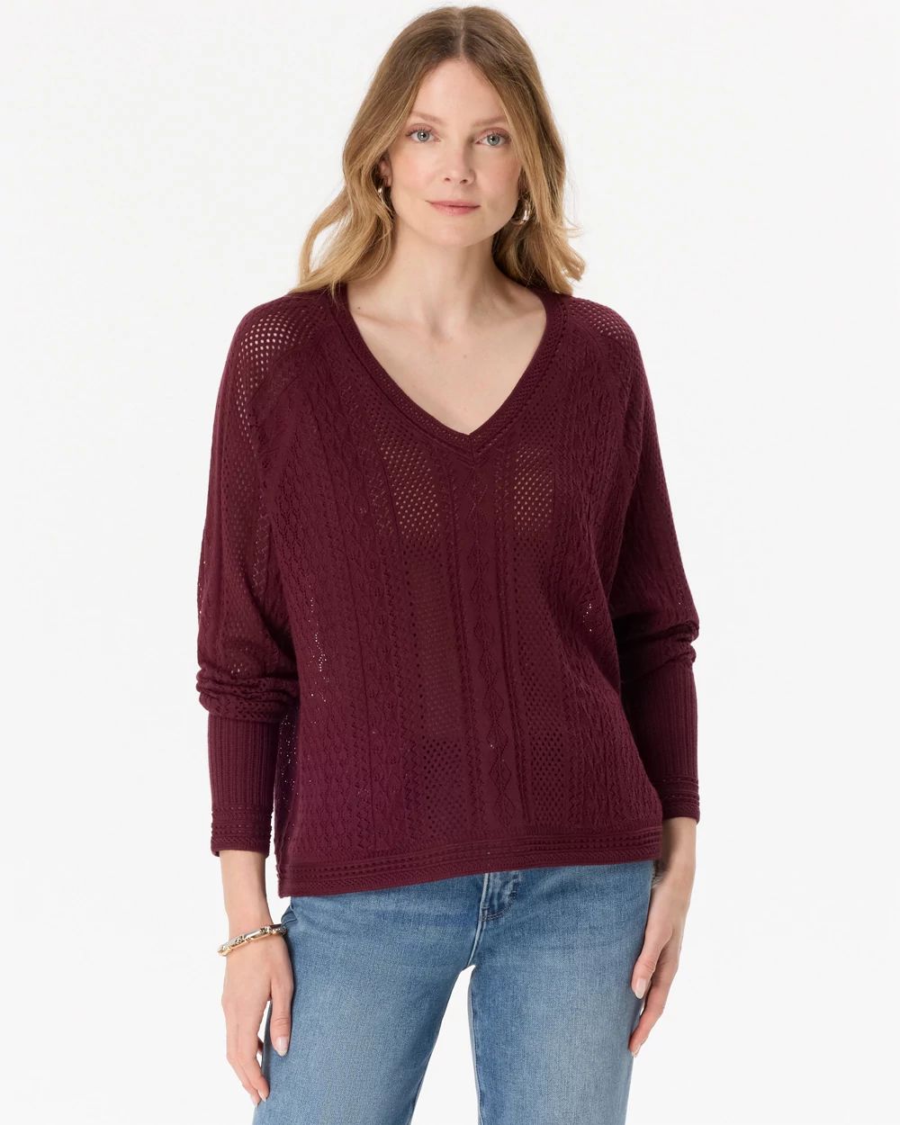 Pointelle V-neck Pullover