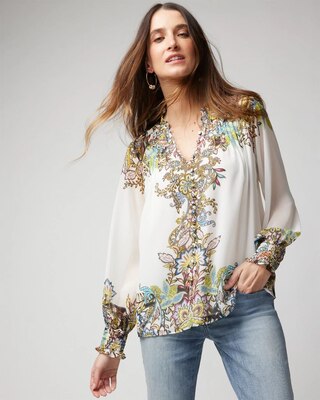 Pleated Butterfly Print Blouse