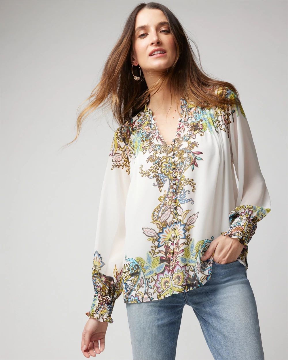 Pleated Butterfly Print Blouse