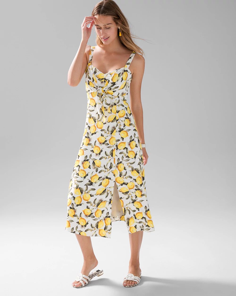 Lemon Print Tie-Front Midi Dress