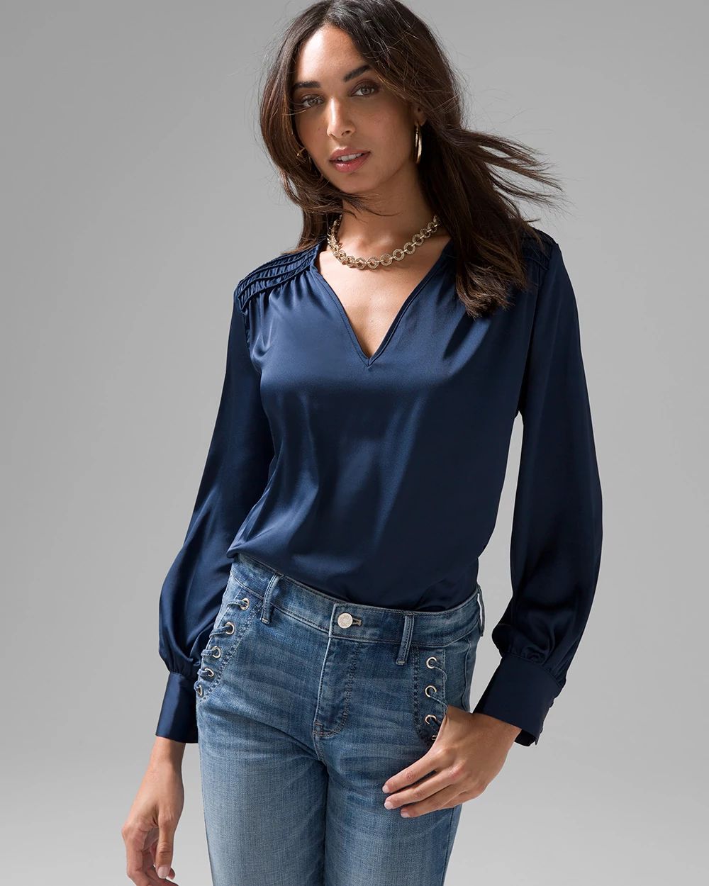 Smocked Shoulder Satin Blouse