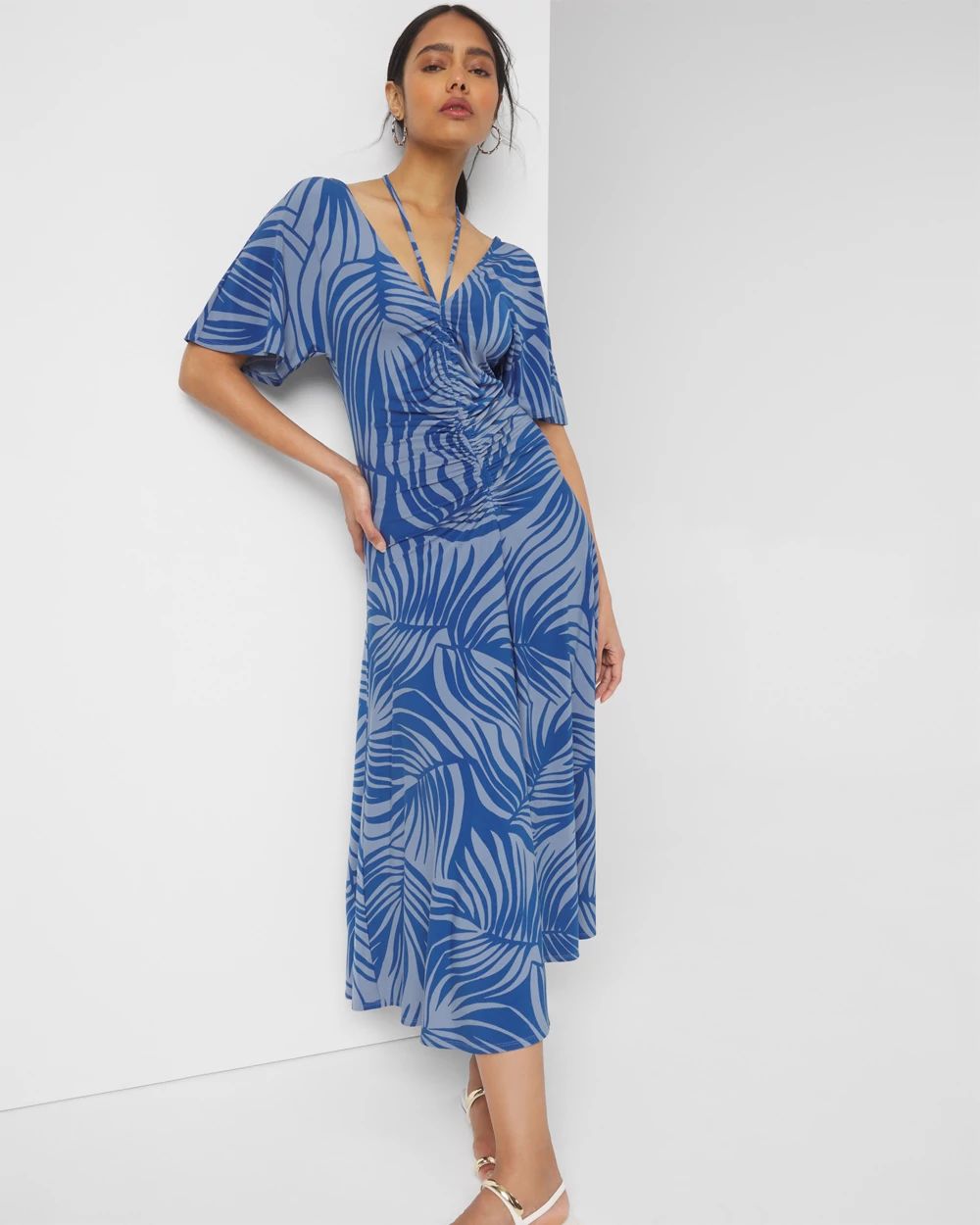 Short-Sleeve Ruched Front Midi Dress