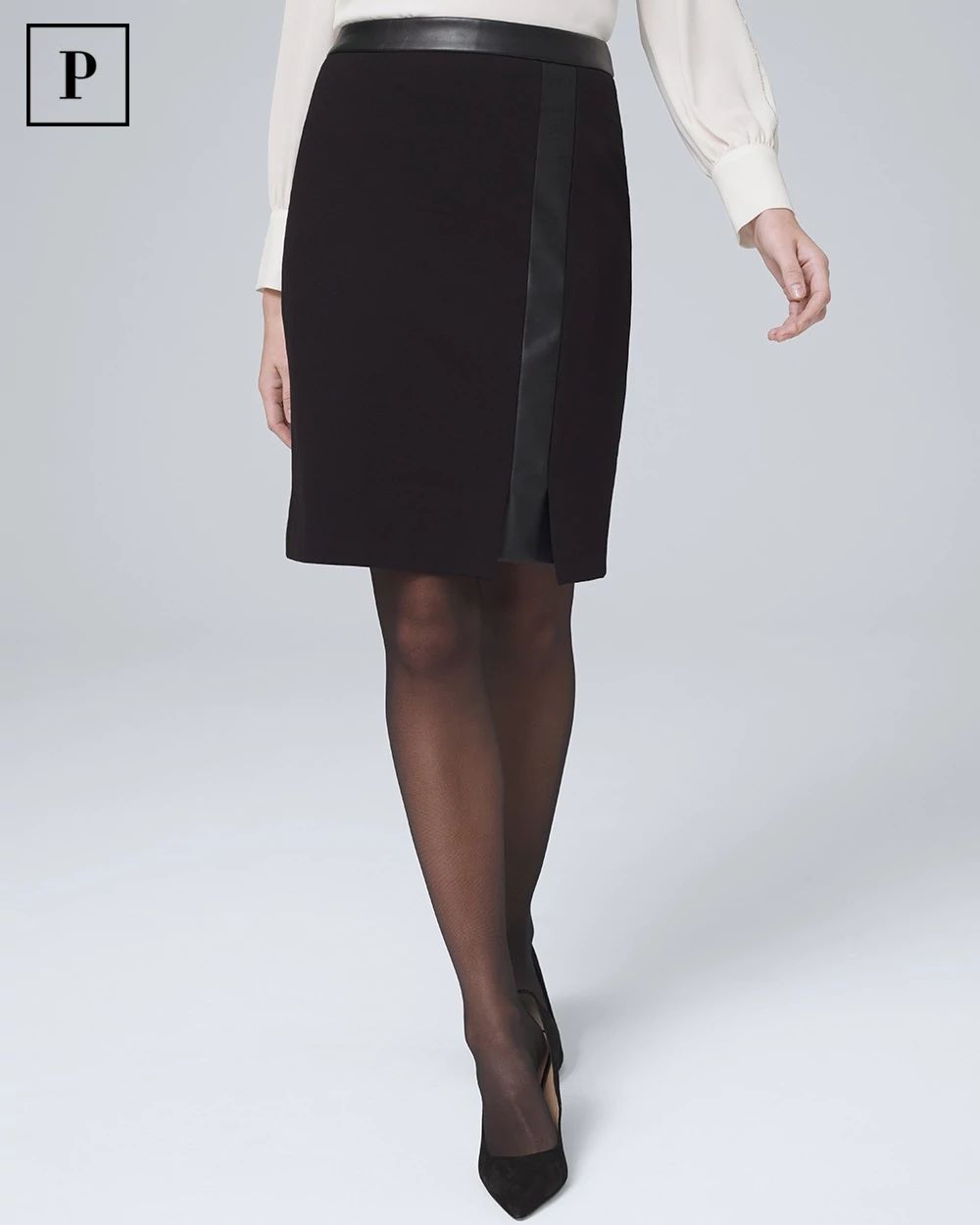 Petite Vegan Leather-Trim Ponte Pencil Skirt