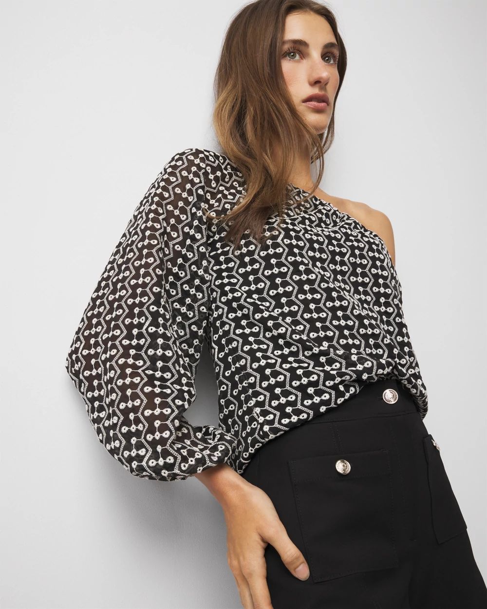 One-Shoulder Embroidered Blouse click to view larger image.