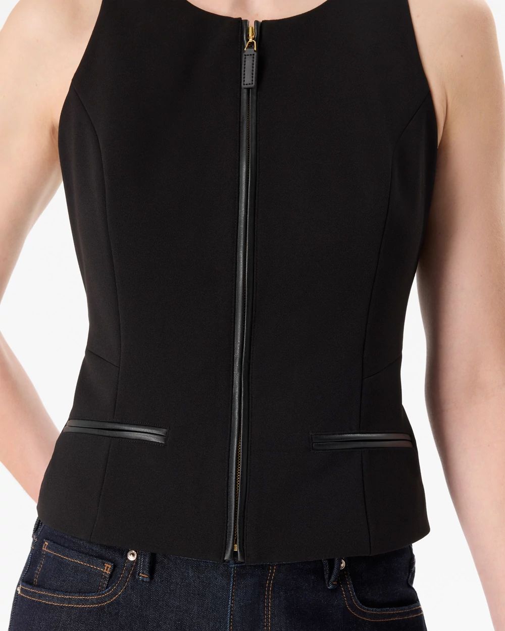 Faux Leather Trim Crepe Vest click to view larger image.