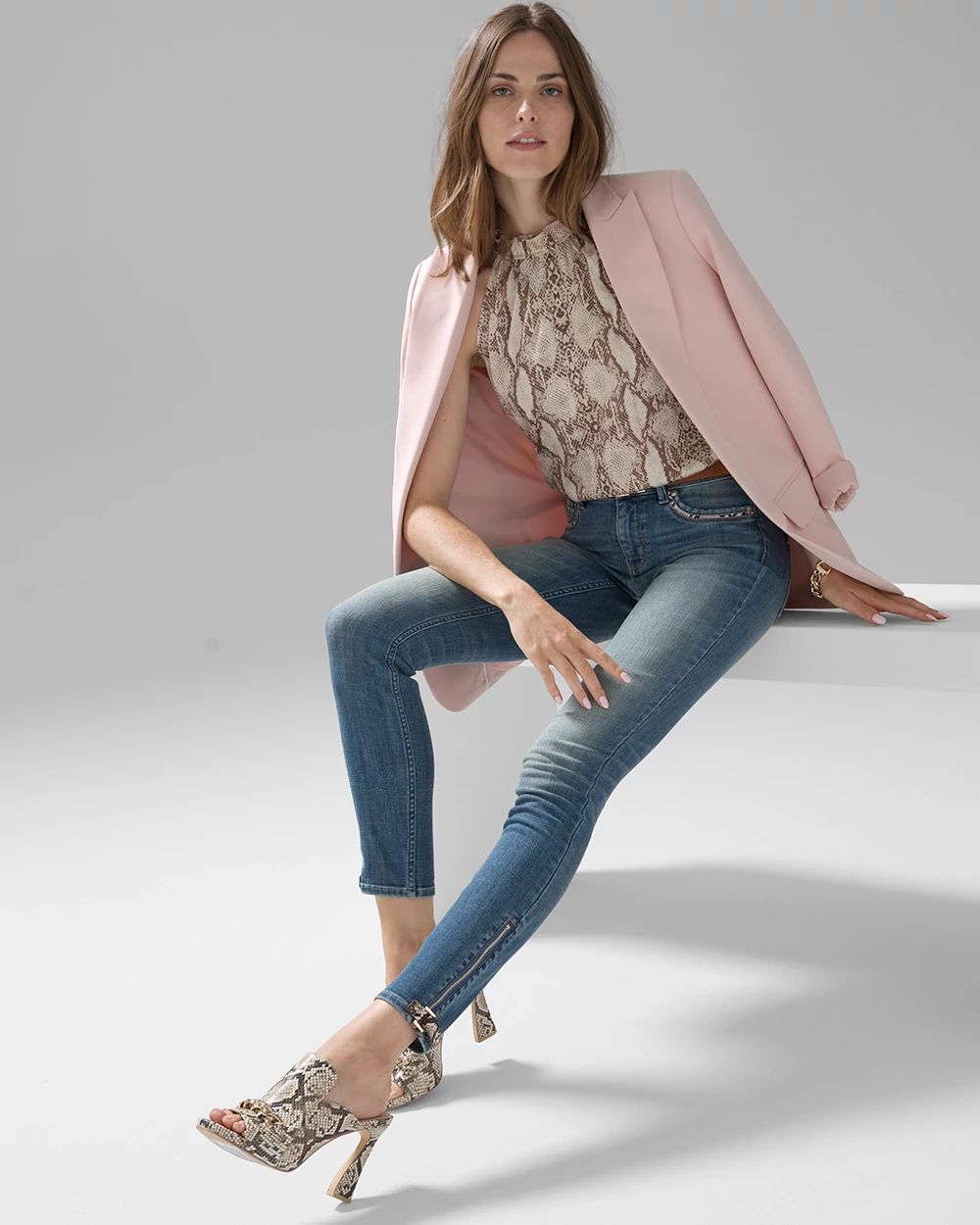 Petite Mid-Rise Everyday Soft Denim  Python Trim Skinny Jeans click to view larger image.