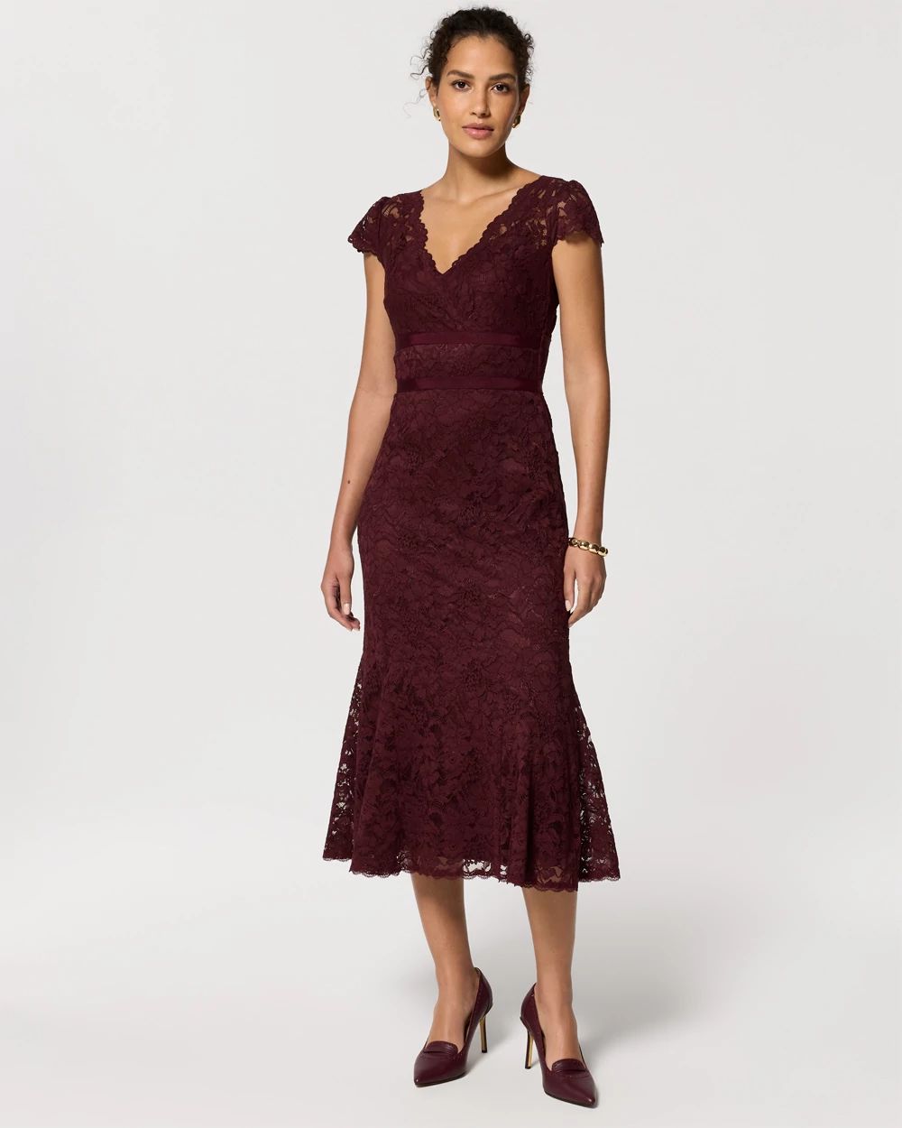 Petite V-neck Lace Midi Dress