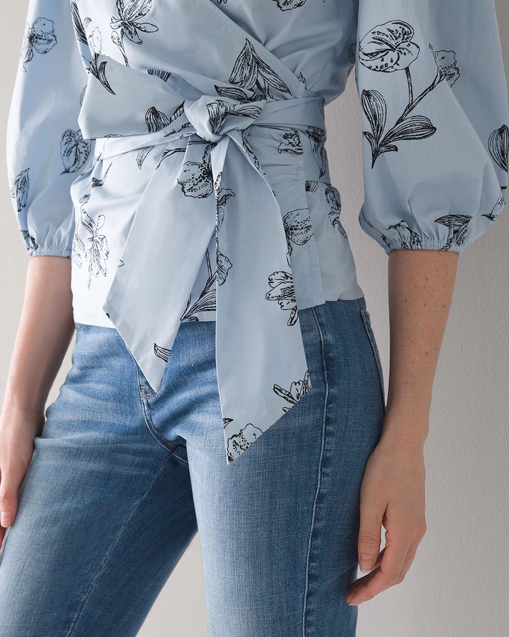 Striped 3/4-Sleeve Poplin Wrap Blouse