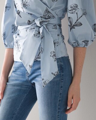 Striped 3/4-Sleeve Poplin Wrap Blouse