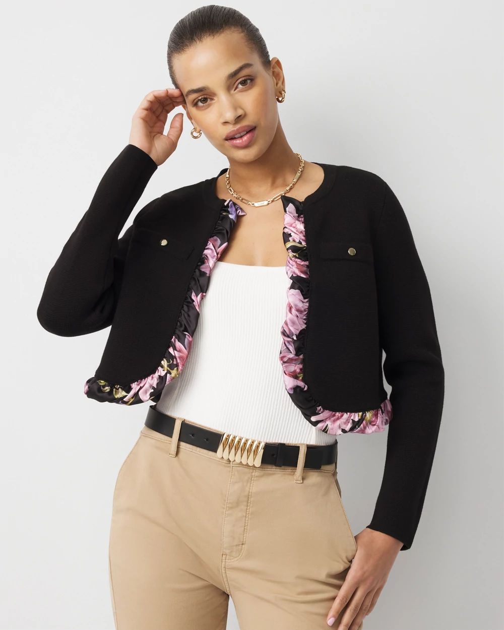 Satin Trim Cropped Cardigan