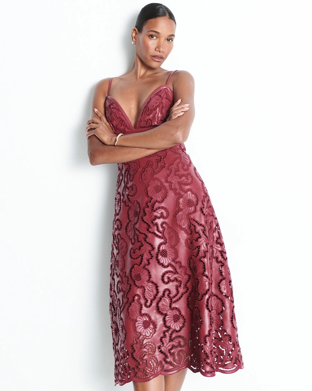 Faux Leather Lace Midi Dress