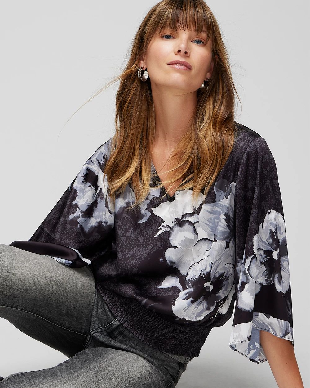 Elbow-Sleeve Smocked Bottom Kimono