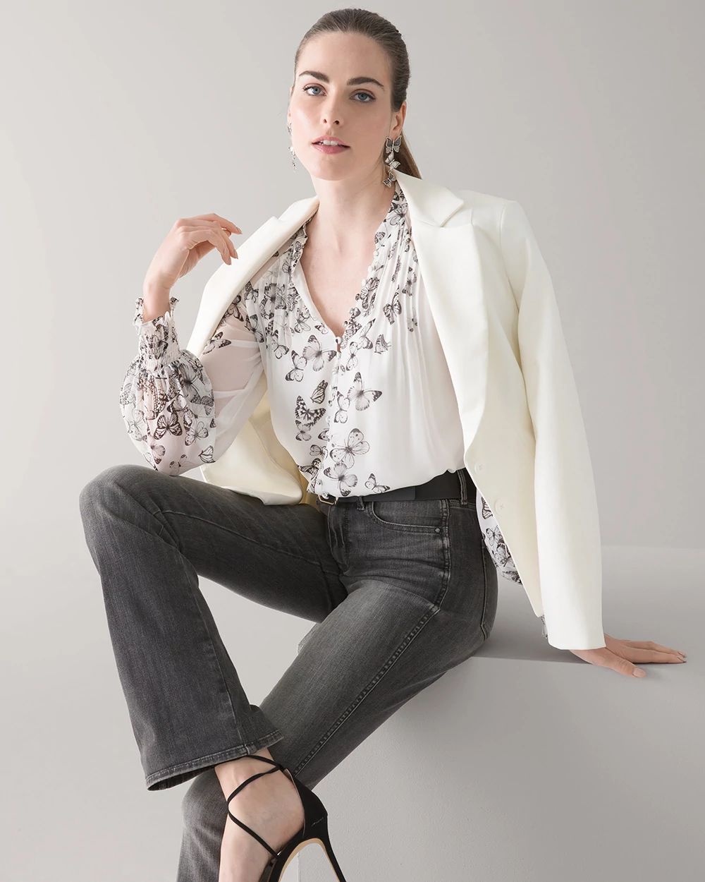 Pleated Butterfly Print Blouse