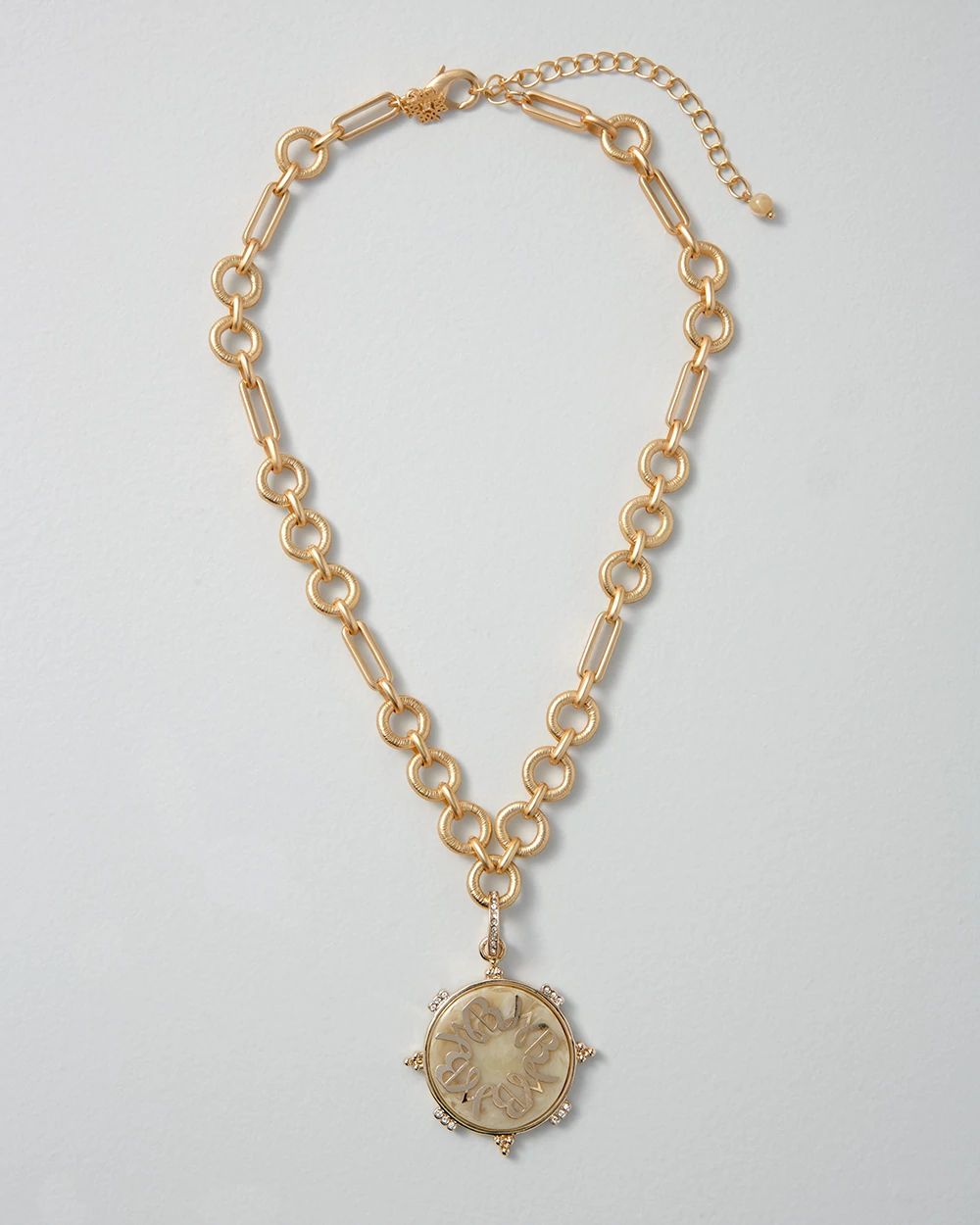 Goldtone Compass & Logo Necklace click to view larger image.