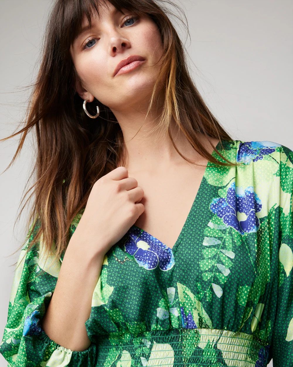 Smocked Waist Kimono Sleeve Blouse