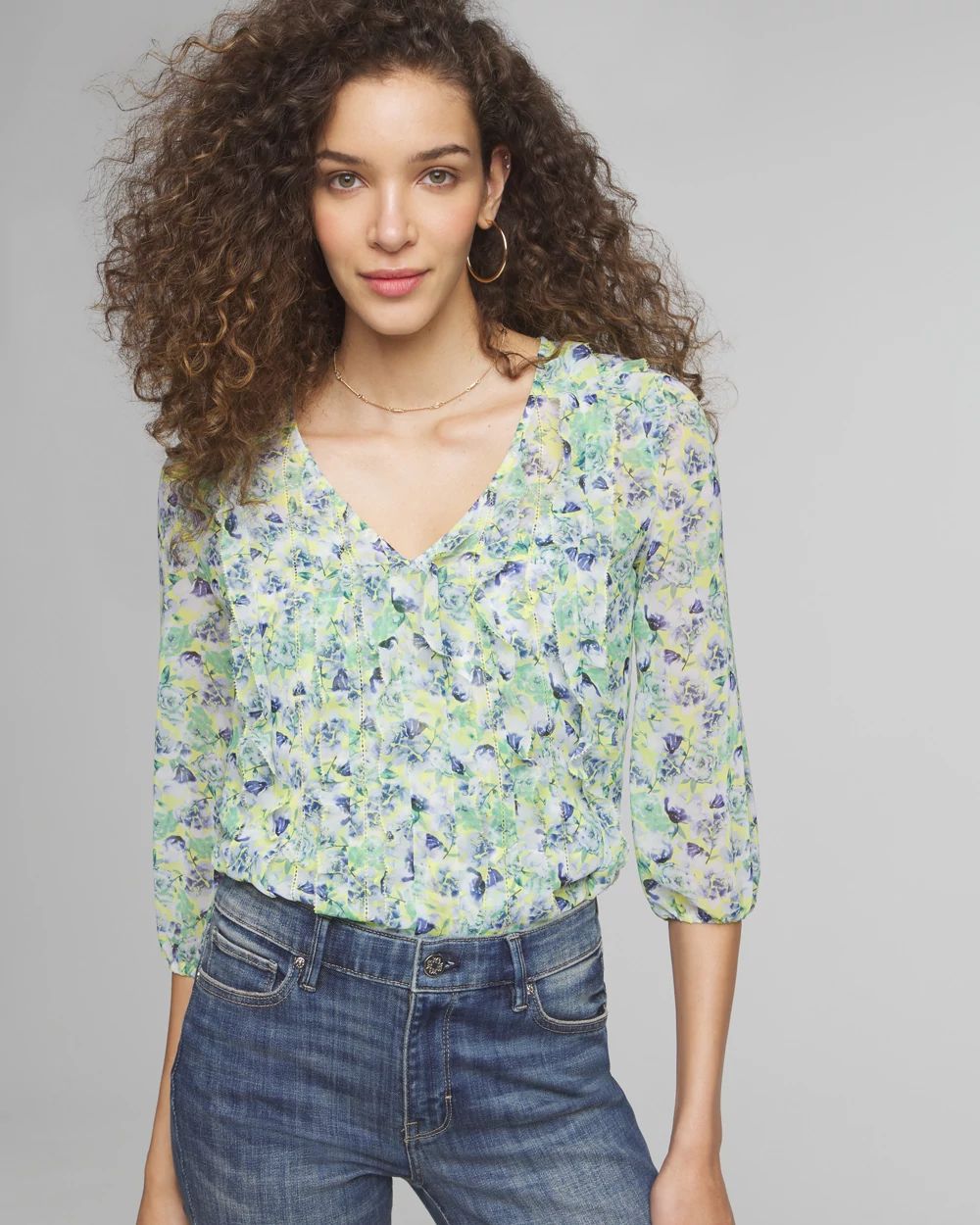 3/4 Sleeve V-Neck Ruffle Front Blouse