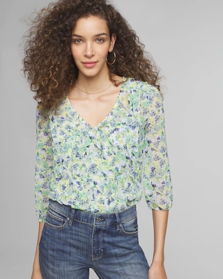 3/4 Sleeve V-Neck Ruffle Front Blouse