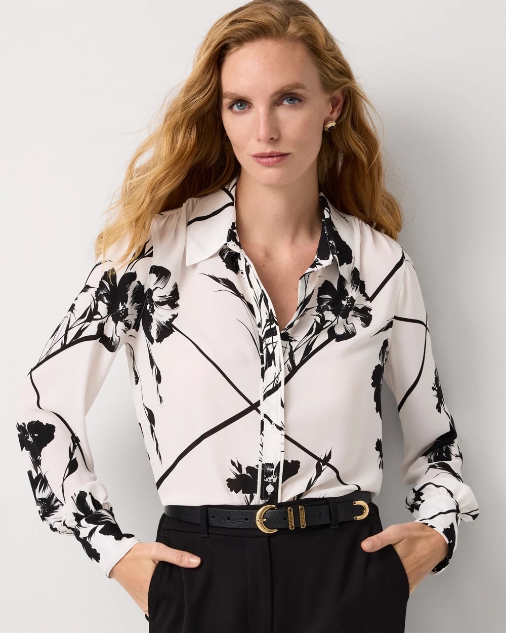 black and white floral dress shirt Black and White Floral Long Sleeve Men Button Up Shirt, Flowers Summer Print Dress Buttoned Collar Casual Male Guy Plus Size Shirt