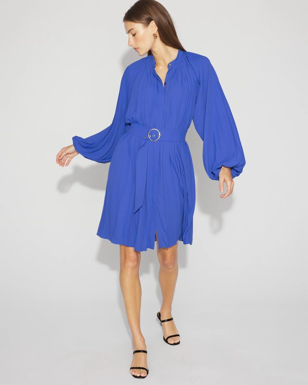 Long-Sleeve Pleated Belted Dress