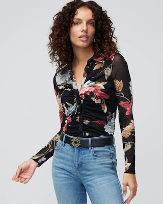 Mesh Ruched Long Sleeve Shirt