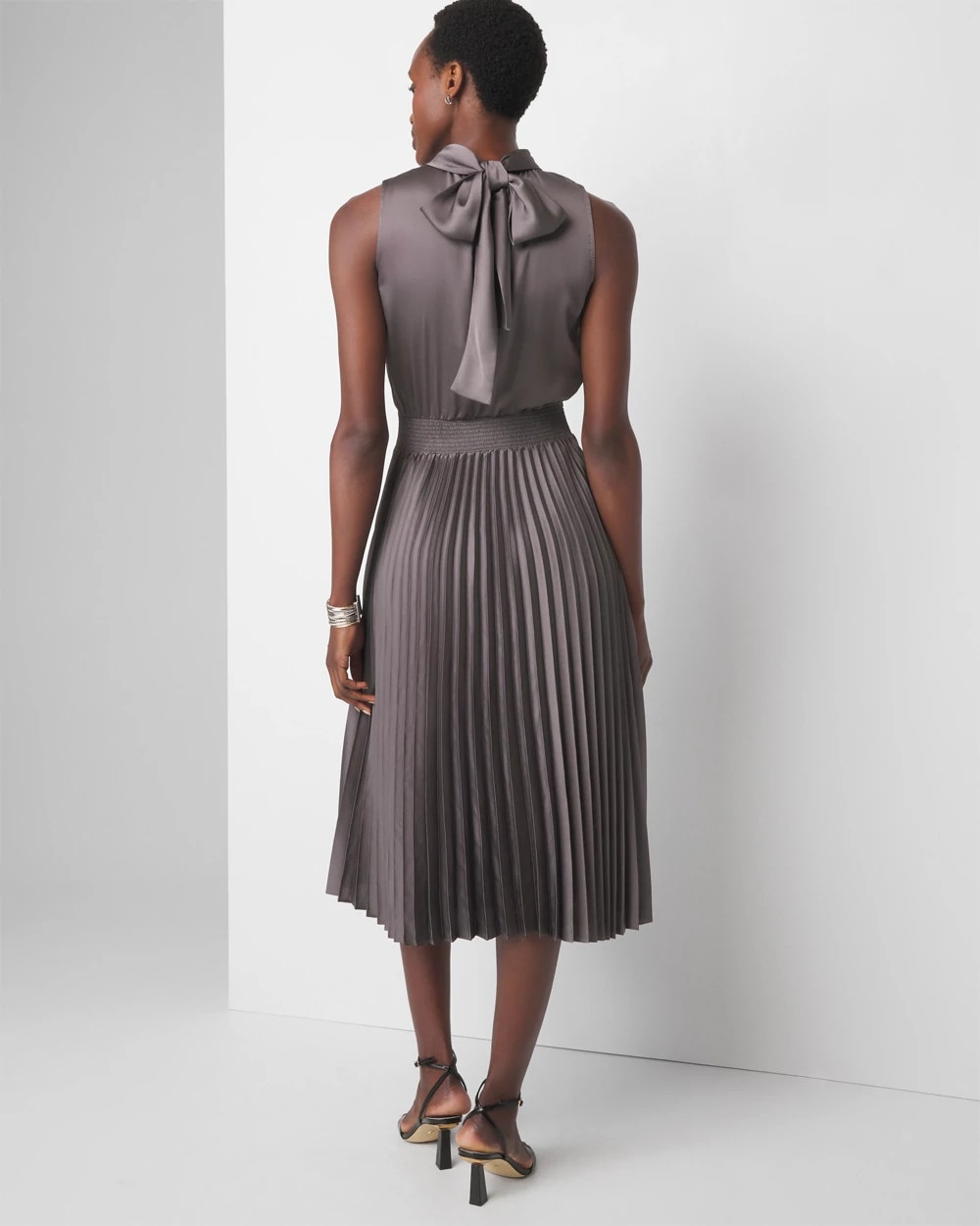 Tie-Neck Pleated Midi Dress