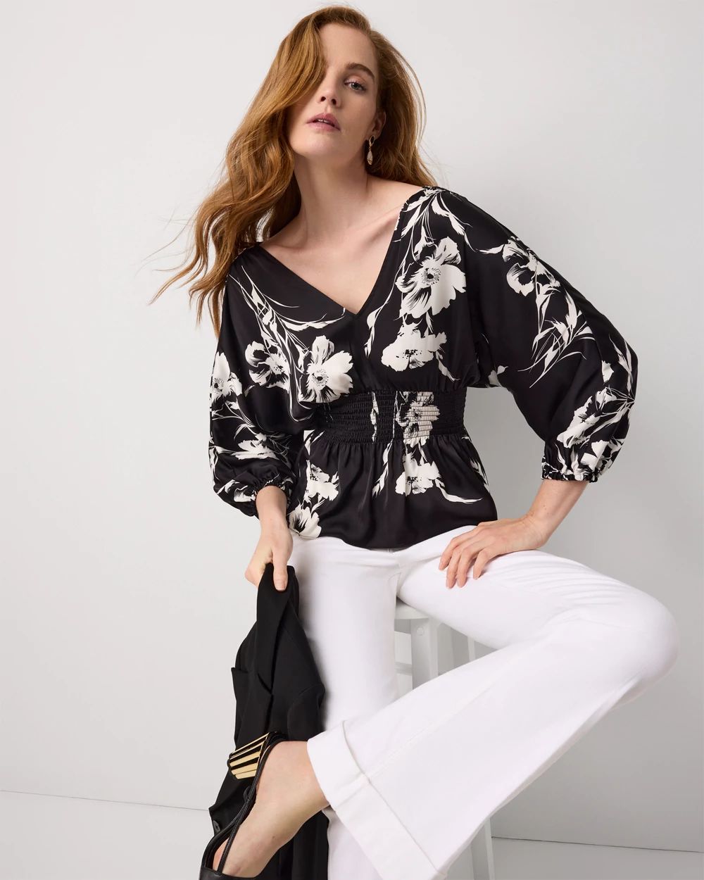 3/4 Sleeve Smocked Waist Kimono click to view larger image.