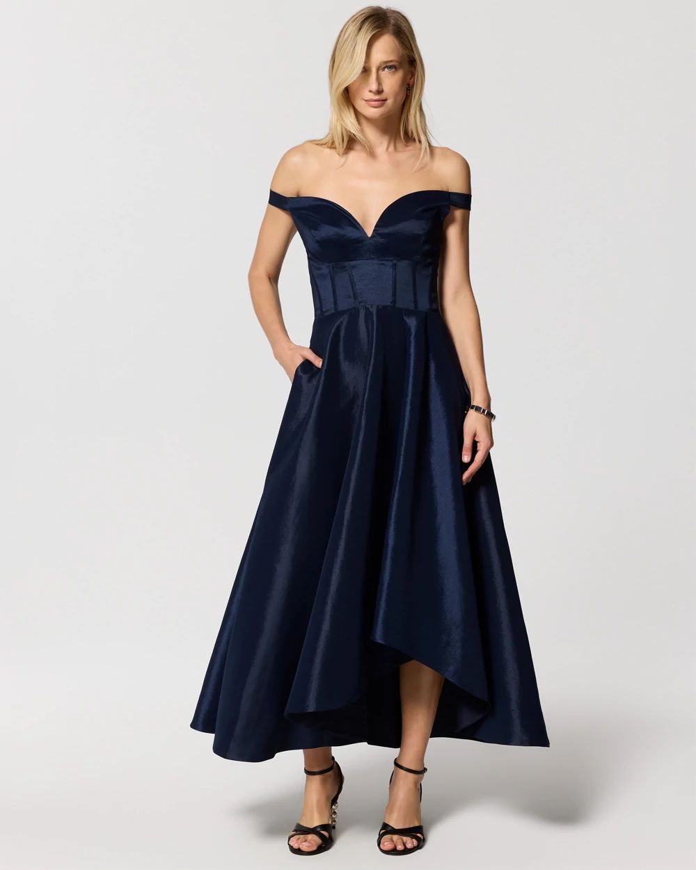 Off-The-Shoulder Taffeta Midi Dress