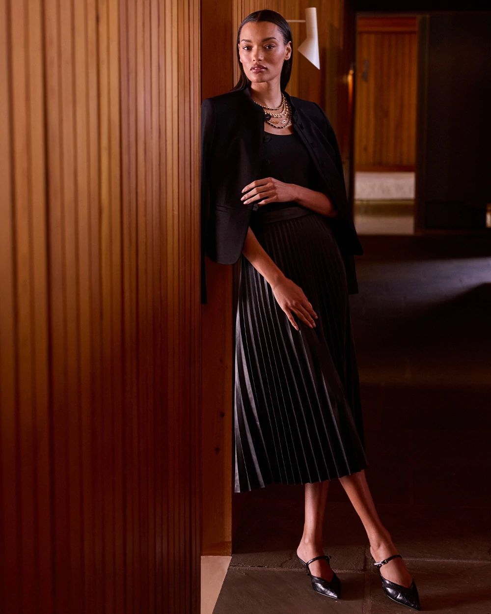 Pleated Faux Leather Midi Skirt