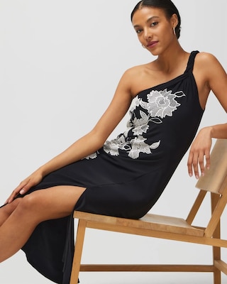 One-Shoulder Embroidered Matte Jersey Midi Dress click to view larger image.
