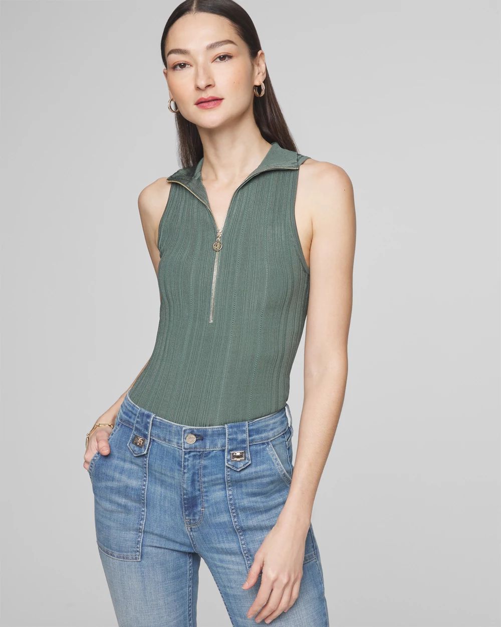 Half Zip Rib Halter Sweater Tank