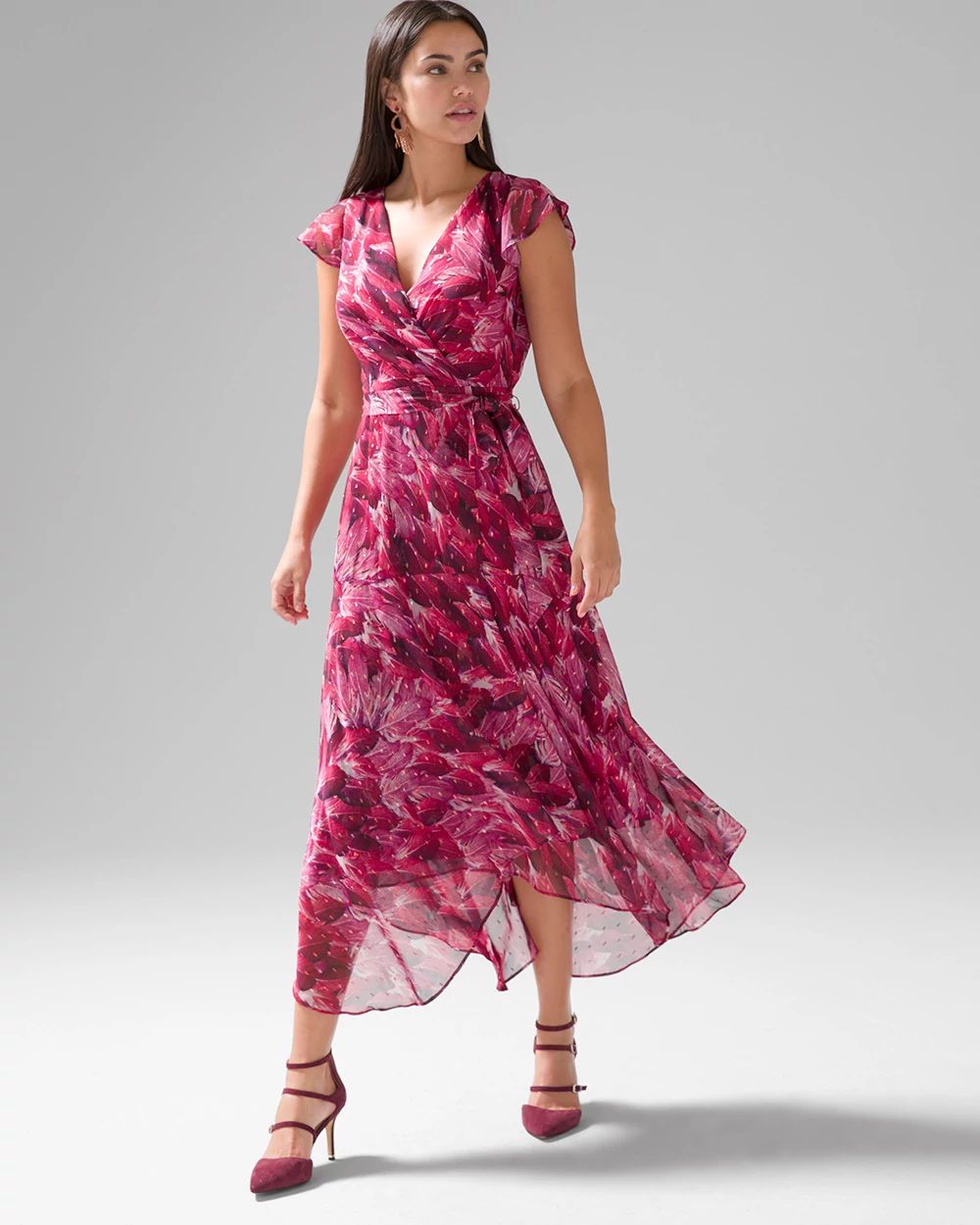 Flutter Sleeve Metallic Clip Midi Dress