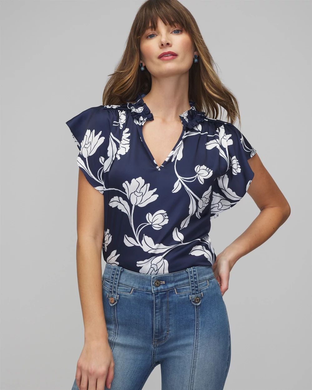 Petite Ruched Neck Flutter Shell Top