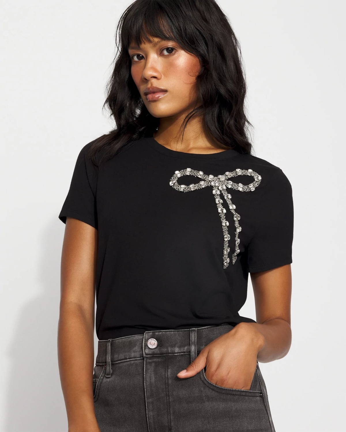 White House Black Market Crystal Bow Crewneck Tee In Black