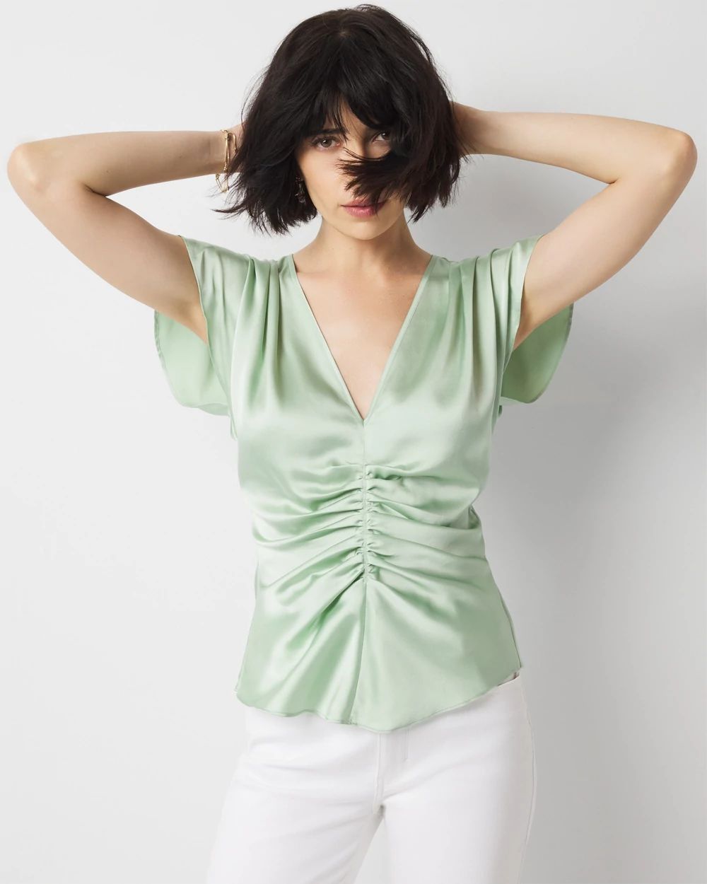 Ruched Front Flutter Sleeve Shell Top