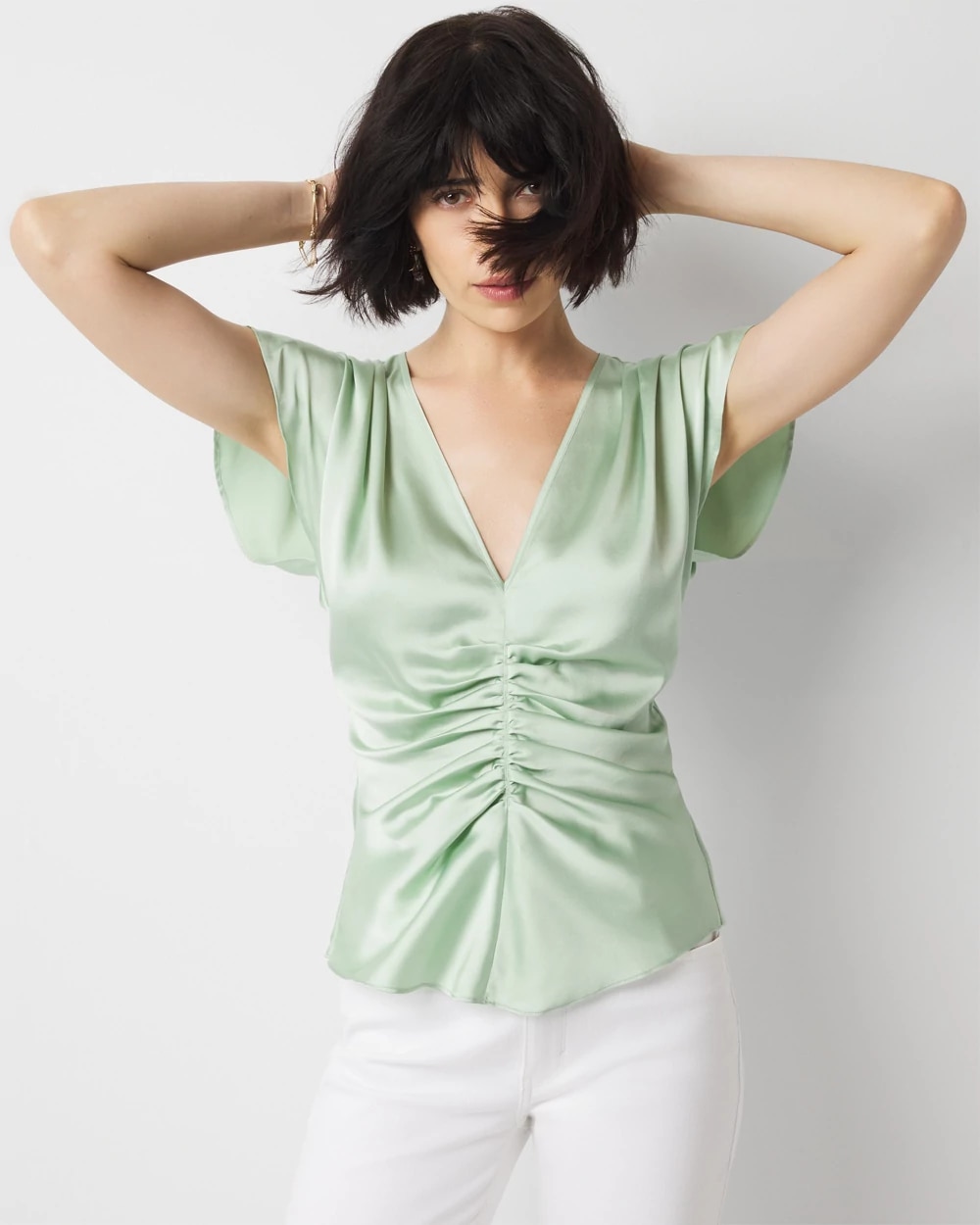 Ruched Front Flutter Sleeve Shell Top