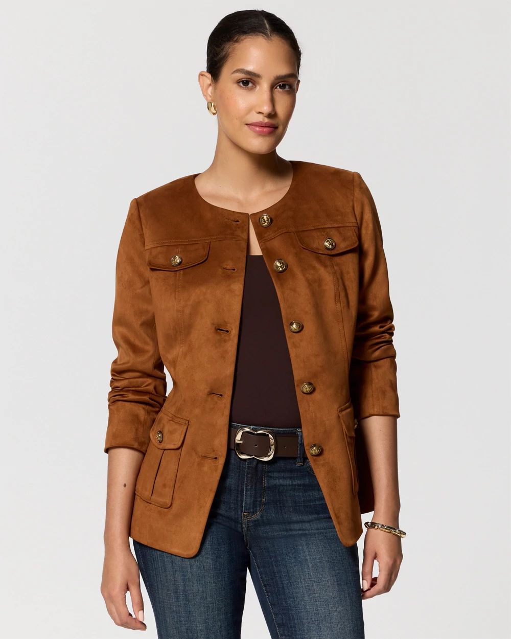 Faux Suede Collarless Jacket