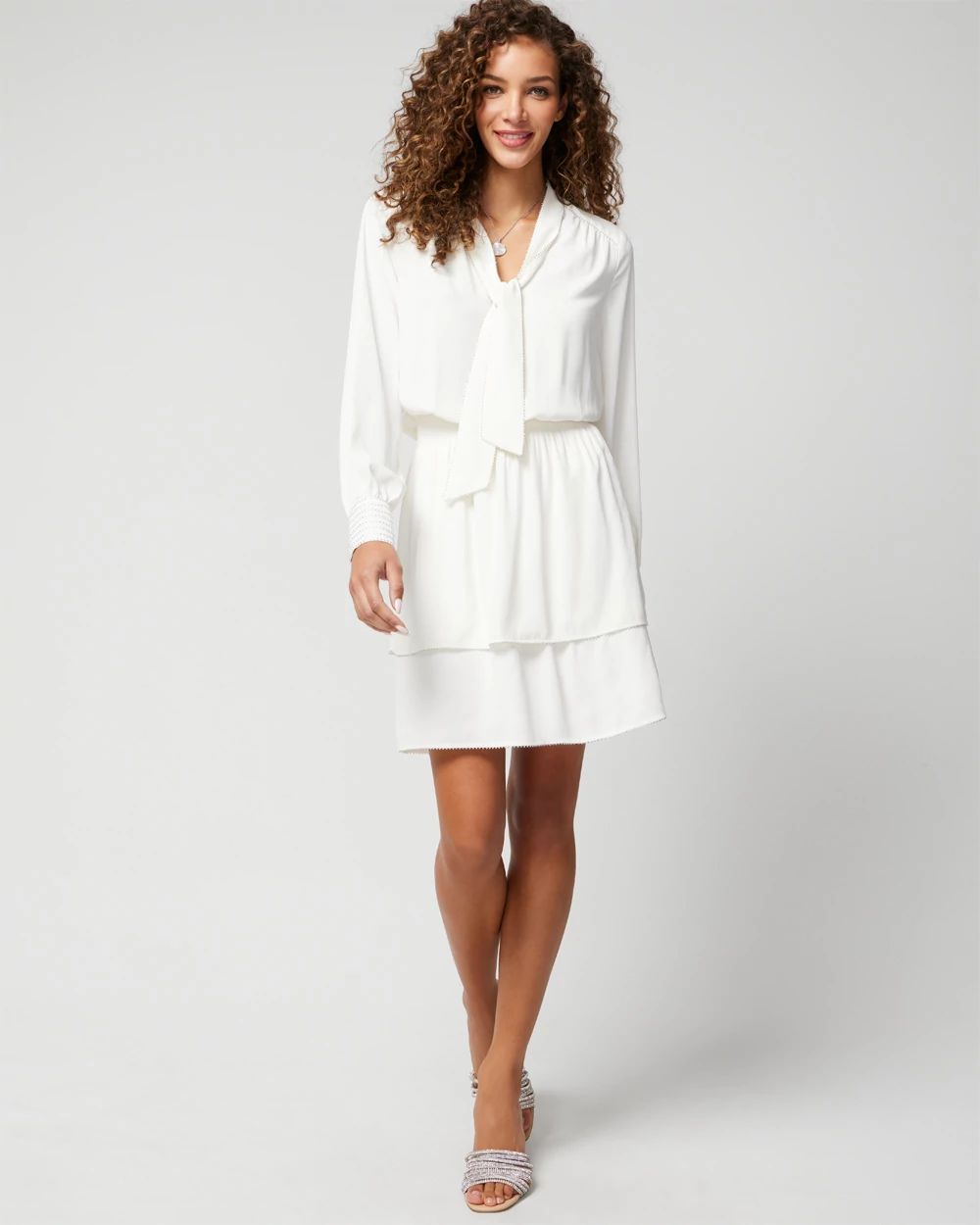 Long Sleeve Beaded Smocked Blouson Dress