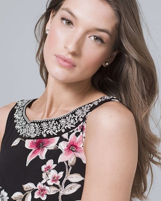 Polished Knit Embellished Flounce-Hem Floral Shift Dress click to view larger image.