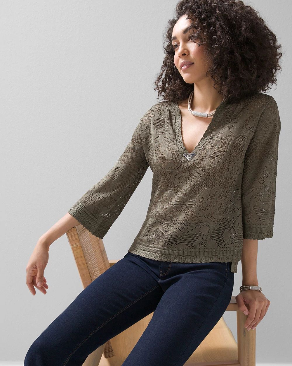 Pointelle Stitch 3/4 Sleeve Sweater