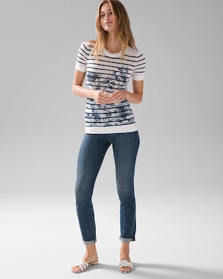 Floral + Striped Crew Neck Sweater Tee click to view larger image.