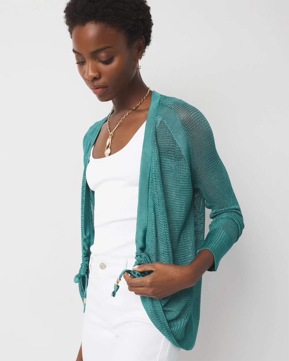 Mesh Cinched Cardigan Sweater