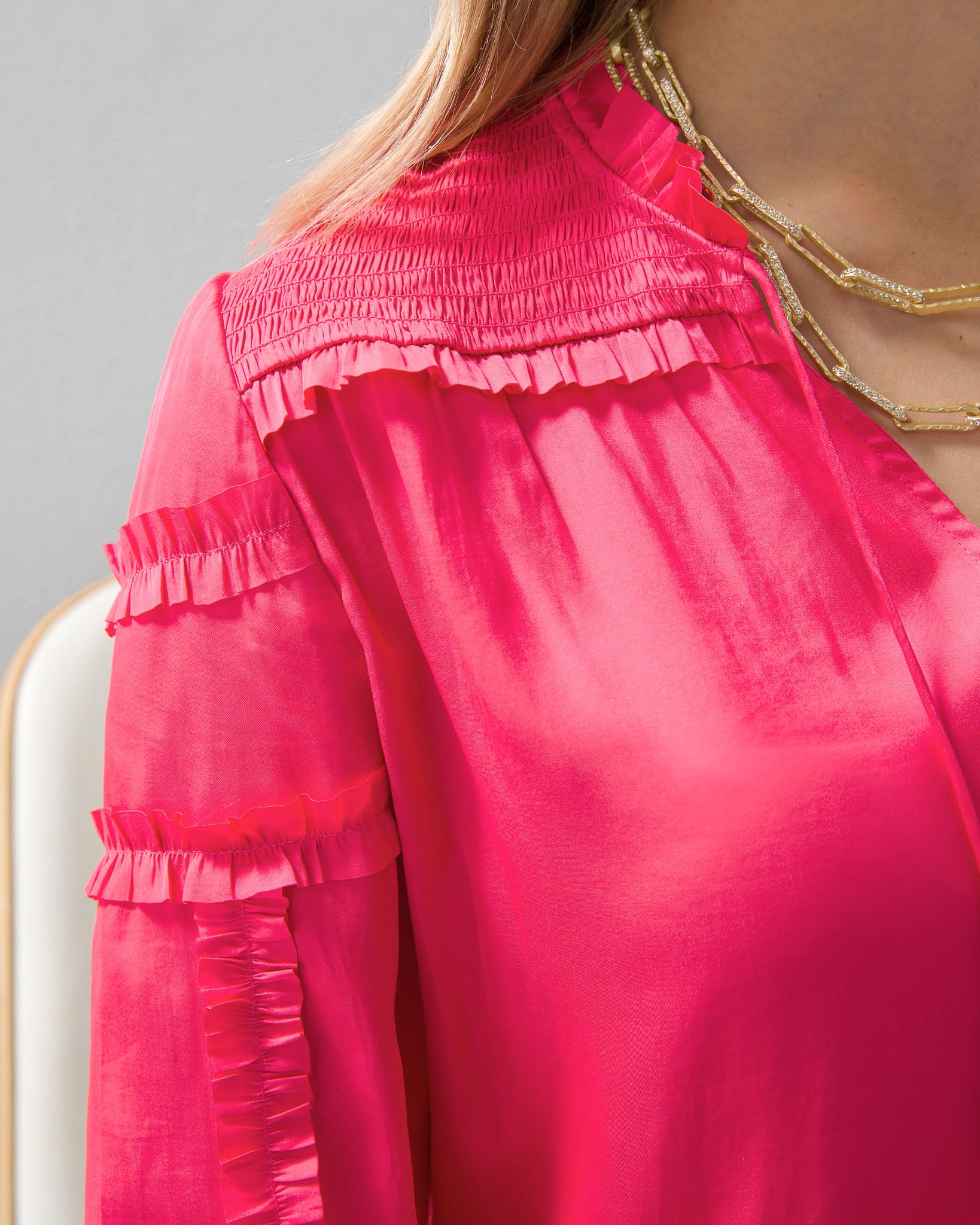 Tie-Neck Ruffle-Sleeve Blouse