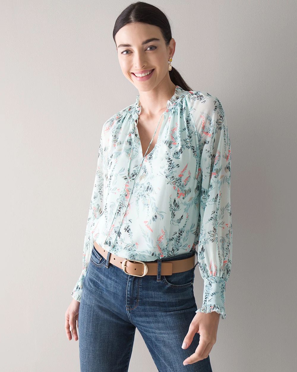 Long-Sleeve Ruffle Neck Blouse click to view larger image.