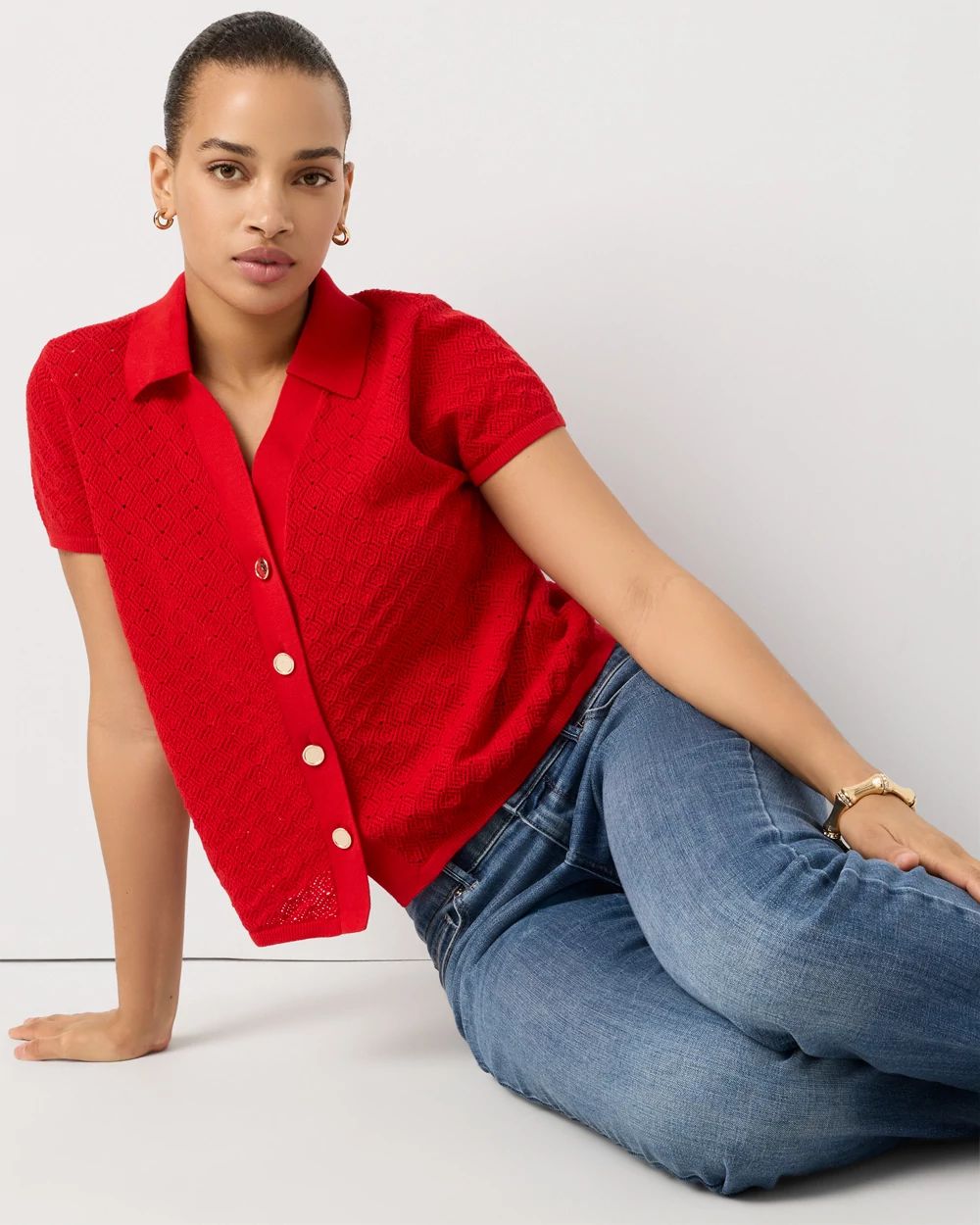 Textured Stitch Collared Cardigan click to view larger image.