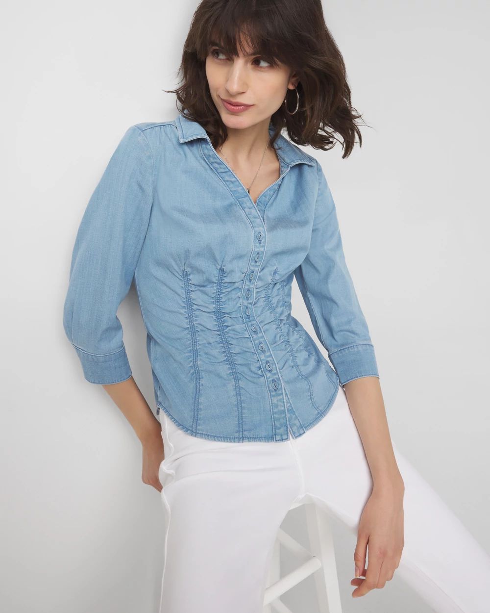 Petite Elbow-Sleeve Ruched Detail Shirt
