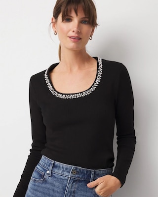 Faux Pearl Scoop Neck Rib-Knit Tee
