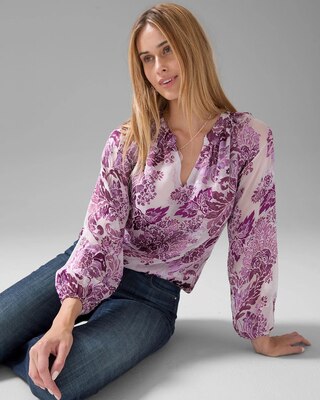 Long Sleeve Floral Silk Burnout Blouse