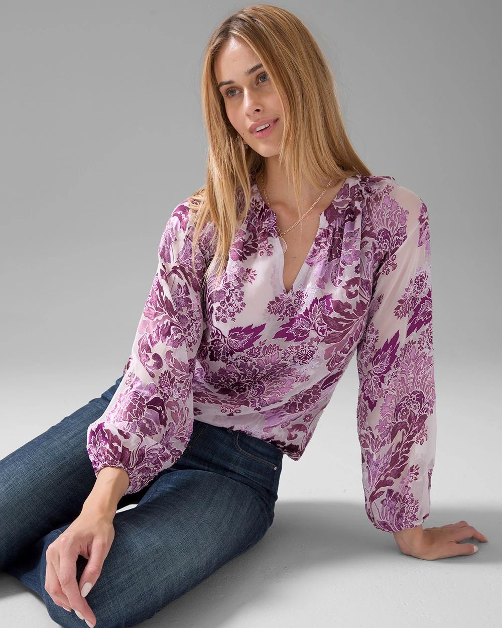 Long Sleeve Floral Silk Burnout Blouse