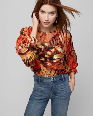 Long-Sleeve Silk Boat Neck Burnout Blouse